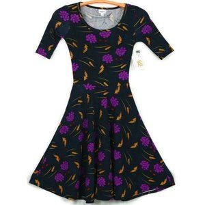 LuLaRoe Nicole Fit & Flare A-Line Dress Navy Blue Purple Gold Red Floral XS‎